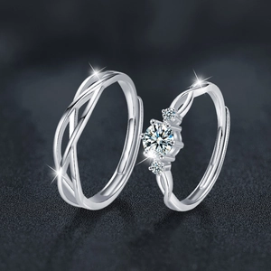 925 Silber Partnerringe mit gewebter Textur und Drei-Steine-Einlage verstellbares Design