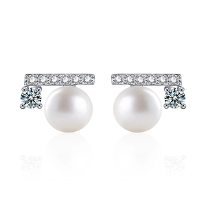 Minimalist 925 sterling silver stud earrings with natural freshwater pearls and moissanite