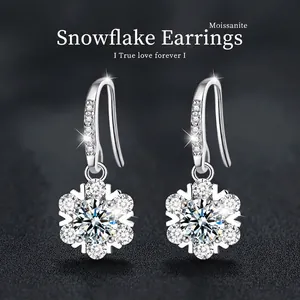 925 Sterling Silver Moissanite Snowflake Drop Hook Earrings For Women D Color With GRA Certificate Luxurious Jewelry Gift