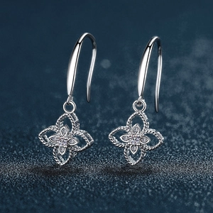 S925 Sterling Silver Moissanite Four Leaf Clover Drop Earrings For Women Elegant Rope Texture Inlaid Fine Jewelry Gift