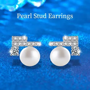 Elegant Moissanite Artificial Pearl Stud Earrings With 925 Sterling Silver Earring Post Geometric Fashion Jewelry For Women