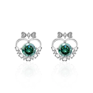 Elegant 925 sterling silver bow heart stud earrings with emerald green round gemstone