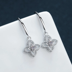 925 silver four-leaf clover drop earrings with rope texture and clear zircon stones