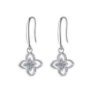 Elegant 925 sterling silver four-leaf clover drop earrings with sparkling moissanite stones