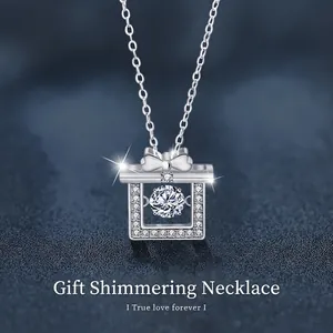 925 Sterling Silver Moissanite Dancing Stone Bow Necklace For Women Elegant Gift Box Pendant Luxury Jewelry