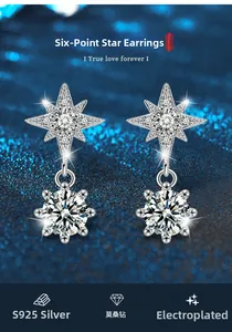 Detailed view of S925 sterling silver hexagram earrings with moissanite and tassels