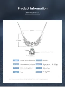 Détails macro du collier Ailes d'Ange en Moissanite avec dimensions et specs argent S925