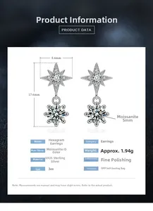 Detailed dimensions of S925 sterling silver hexagram earrings with 5mm Moissanite stones