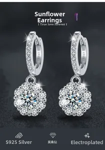 Detailed view of sun flower moissanite earrings with S925 sterling silver stamp