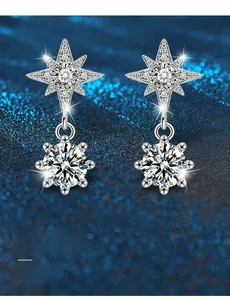 Detail of S925 silver star earrings with 3EX cut moissanite on a starry background