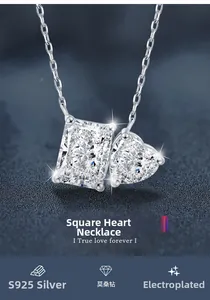 Detailed shot of S925 silver necklace with rectangular and heart-shaped moissanite pendants