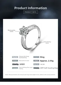 Spécifications détaillées de la bague en moissanite en argent 925 avec guide des tailles
