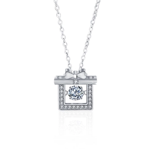925 silver necklace with dancing moissanite gift box pendant and bow detail