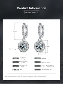 Detailed S925 silver sunflower earrings specs with 5mm Moissanite D color stone