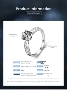 Detail view showing S925 sterling silver SPU and 5mm moissanite diamond ring specifications