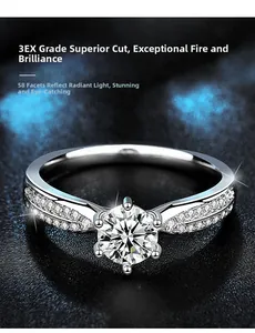 Vue macro d'une bague moissanite en argent 925 avec taille 3EX et éclat de 58 facettes