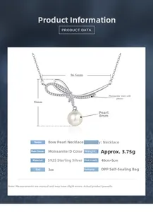 Detail of S925 silver bow necklace with 8mm pearl and 40 pieces of moissanite stones