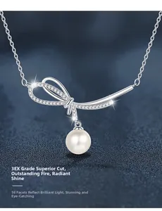 Detailed macro view showing 3EX cut 58 facets of bowknot pearl necklace pendant