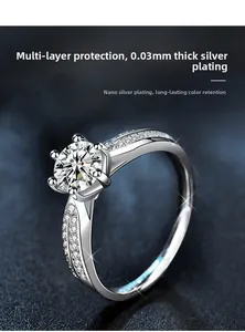 Vue macro de la bague en moissanite à six griffes montrant le processus de nano-placage