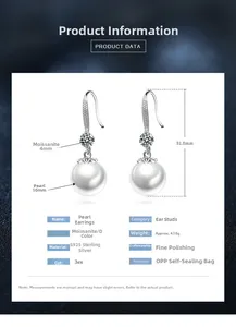 Detailed dimensions of 925 silver pearl earrings with Moissanite and 31.8mm height