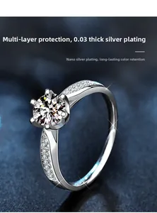 Macro shot of S925 silver ring with six-prong moissanite setting and nanolayer plating