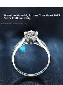 Macro shot of S925 sterling silver ring featuring a classic six-prong moissanite setting