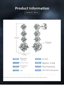 Detailed spec view of S925 silver moissanite earrings showing 6.5mm main stone size