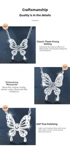 Détail macro du collier papillon en moissanite montrant le polissage et le serti trois griffes