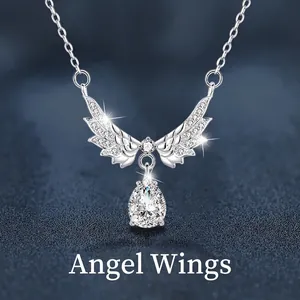 Collier Pendentif en Argent Sterling 925 Ailes d'Ange et Moissanite pour Femme Chaîne de Clavicule de Luxe Taille Poire Bijoux Cadeau