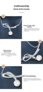 Macro detail of 925 silver necklace with moissanite bow pendant and white pearl
