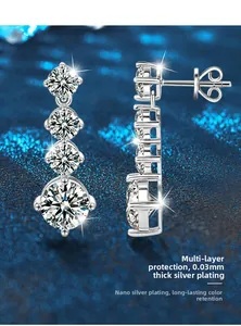 Macro detail of 925 silver drop earrings with four gradient round-cut moissanite stones