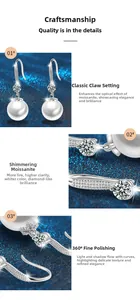 Detail of 925 silver pearl drop earrings with moissanite stones and prong setting