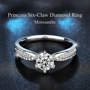Bague en Argent Sterling 925 Moissanite Couronne Six Griffes Taille Brillant Rond Strass Incrustés Bague de Fiançailles Femme Bijoux