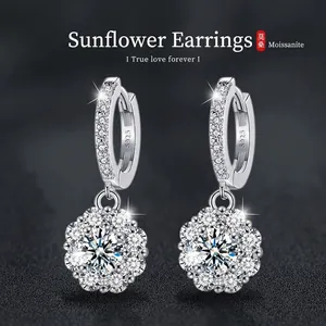 Luxury 925 Sterling Silver Moissanite Sunflower Earrings For Women Elegant D Color Flower Drop Earrings Wedding Party Jewelry