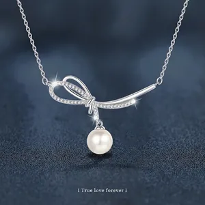 Elegant 925 Sterling Silver Moissanite Bowknot Artificial Pearl Necklace Stylish Bow Jewelry Gift For Women D Color Moissanite Pendant