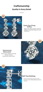 Detail of four-prong moissanite earrings showing 360-degree fine polishing on silver