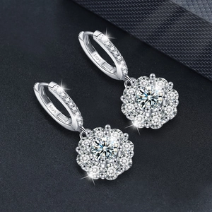 S925 sterling silver moissanite sunflower earrings with sparkling lever-back design