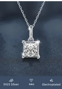 Close-up of square cut moissanite pendant on S925 sterling silver chain necklace