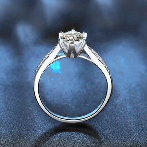 S925 sterling silver six-prong moissanite ring with side-stone pavé band in silver finish