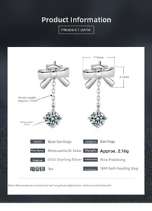 Detail of 925 silver bow earrings with 5mm Moissanite stone and elegant tassel fringe