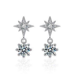 Elegant S925 sterling silver hexagram star earrings with dangling moissanite stones