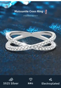 Macro shot of silver crisscross band ring set with micro-pave moissanite stones
