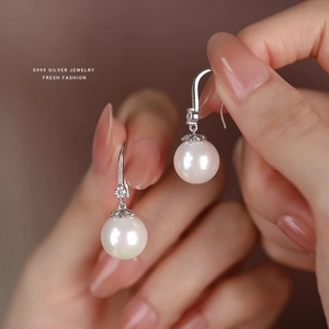 S999 sterling silver long tassel pearl drop earrings with sparkling moissanite accents