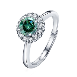 Verstelbare ring van 925 zilver met ronde groene moissanite in een bloemvormige zetting