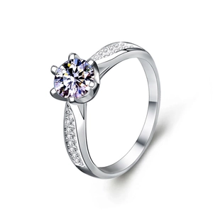 Classic S925 sterling silver moissanite ring featuring a six-prong round cut center stone