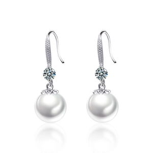 Elegant 925 silver pearl drop earrings featuring sparkling moissanite stones on white background