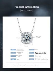 Détail du pendentif moissanite carré en argent 925 avec pierre de couleur D de 6,5 mm