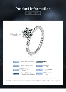 Detailed technical specifications of the 6.5mm moissanite twist band silver ring