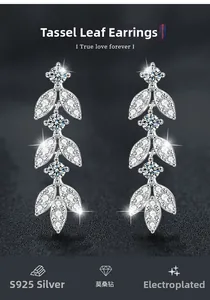 Macro detail of leaf tassel earrings in S925 sterling silver set with Moissanite stones