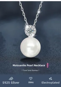 Close-up of S925 silver necklace with moissanite stone and white round pearl detail